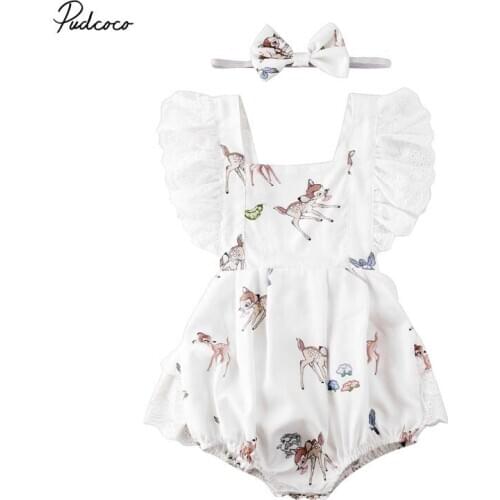 2019 Baby Summer Clothing Xmas Deer Lace Layered Bodysuit Headband Newborn Baby Girl Christmas Ruffled Outfits Baclkess Sunsuit