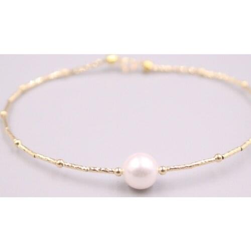 Au750 Real 18K Yellow Gold Bracelet For Women Female 8.0mm Beads Natural Seawater Pearl Ball Bracelet 18cmL