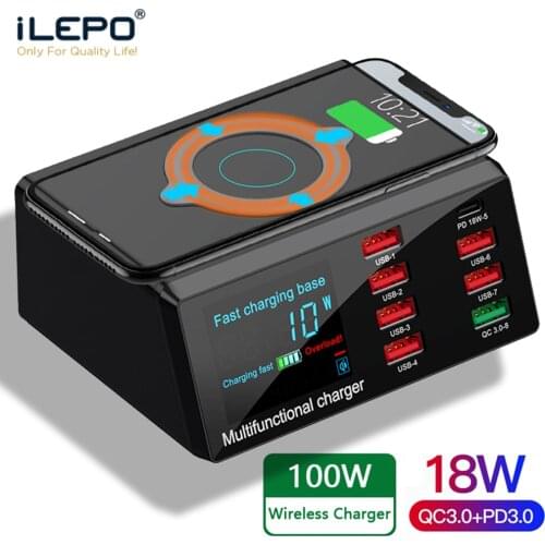 ILEPO 100W Wireless USB Charger Dock 18W PD QC3.0 Fast Charger Station For iPhone 12 Samsung Huawei Smart LED Display 8-Port USB