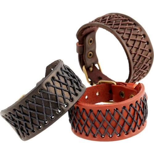 Vintage Retro Men Jewelry Fashion Biker Wristbands Handmade Weave Braid Rope Wide Genuine Leather Bangle Wrap Cuff Bracelet Belt