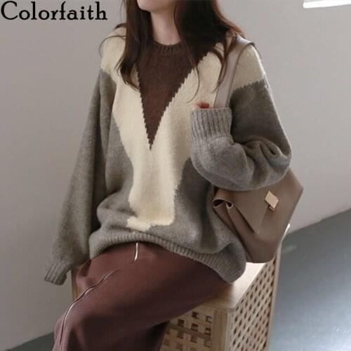 Colorfaith New 2021 Autumn Winter Womens Sweaters Minimalist Elegant Korean Oversize Vintage Knitted Ladies Jumpers SW8661