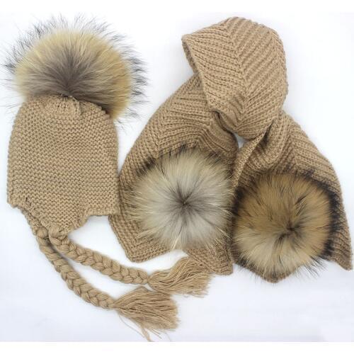 Kids knitted Scarf and Hat Set Luxury Winter Warm Crochet Hats and scarves with Real fur pom Beanie Hat for boys and girls