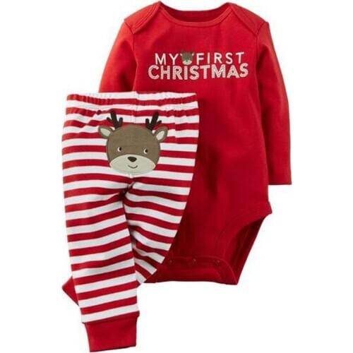 Baby Boys and Girls Christmas Spring and Autumn Bodysuit Santa Claus + Deer Long Sleeve Two Piece Suit Bodysuit