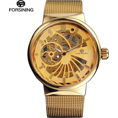 FORSINING Classic Fashion Mens Watches Skeleton Design Stainless Steel Gold Color Mechanical Hand Wind Watch Men Luxury Clock