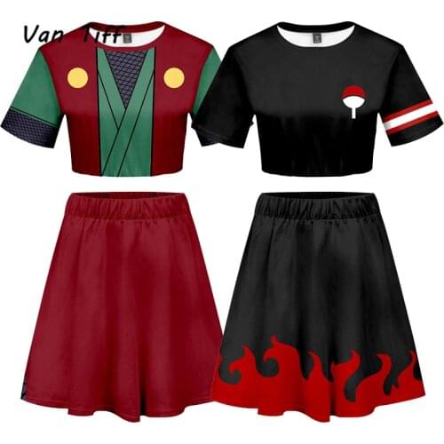 Anime T Shirt Long Skirt Full Set Girls Uchiha Sasuke Cosplay Costume Suit Shirts Dress Harajuku Tees Clothing Women