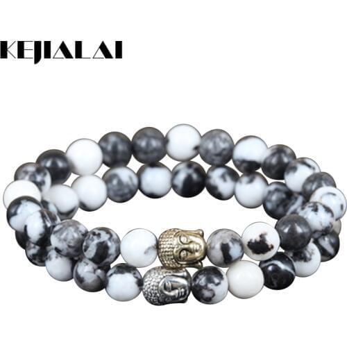 KEJIALAI 2pcs Natural Black And White Zebra Round Stone Beads Charm Women Bracelet Mercy Color Buddha Head Men Stretch Bracelet