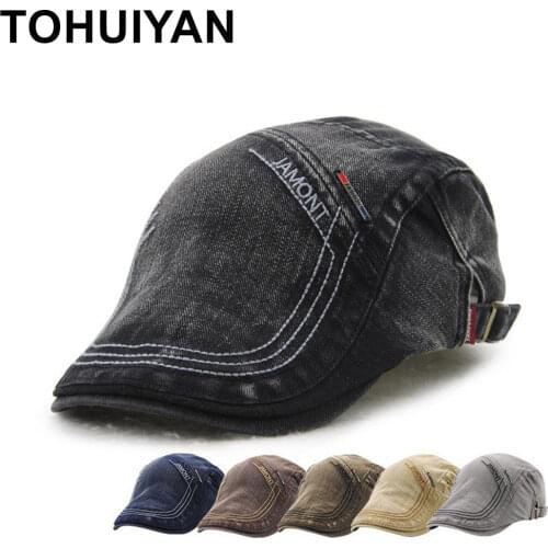 TOHUIYAN Retro Cotton Newsboy Caps For Men Letters Embroidery Beret Hats British Style Duckbill Hat Male Casual Boina Flat Caps