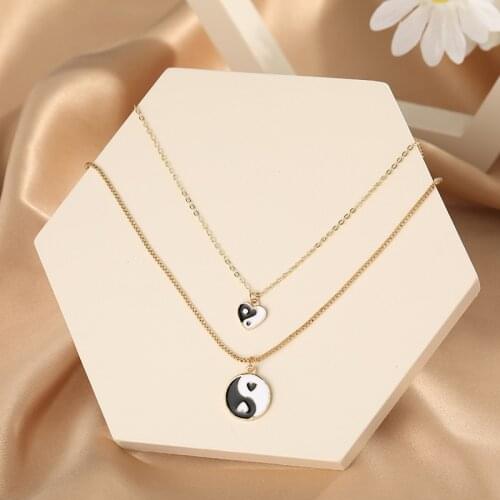 Chinese Double Layer Tai Ji Gold Chain Necklace 4-Color Optional Round Heart Pendant Accessories Punk Hip Hop Jewelry Gift