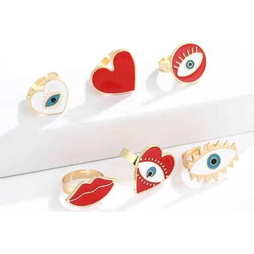 2019 New Adjustable Gold Red Heart Evil Eye Fashion Rings for women female vintage popular cute evil eye love heart gold ring