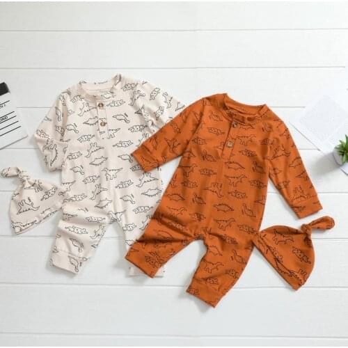 Spring Autumn Baby Boys Casual Cartoon Dinosaur Printing Rompers Long Sleeve Long Pants Rompers Jumpsuit with Hat