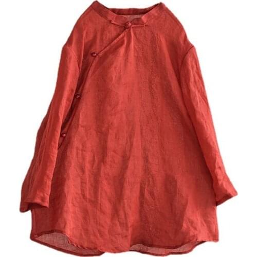 Thin Ramie Jacket Women Summer Chinese stand collar Solid Color Coat Loose Vintage Ramie Short Outerwear 3/4 sleeve Tops