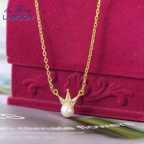 LAMOON Freshwater Pearl Crown 925 Silver Pendant For Women 14K Gold Plated Fine Jewelry Cute Necklace Korean Girl Gift LMNI141