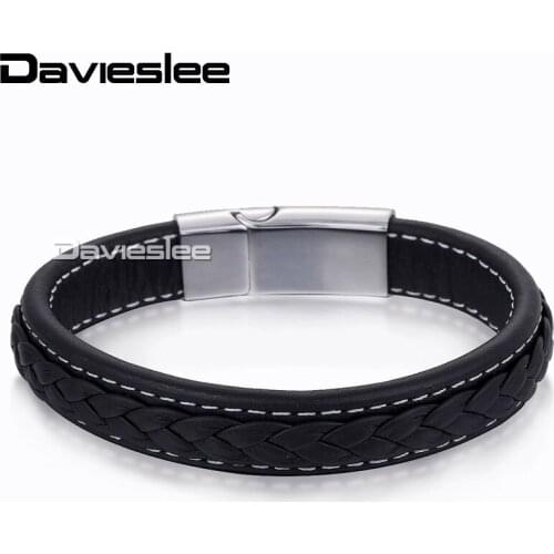 12mm Mens Chain Braided Stitched Black Genuine Leather Bracelet w/ 316L Stainless Steel Gold Silver Color Clasp Wholesale LHBM65