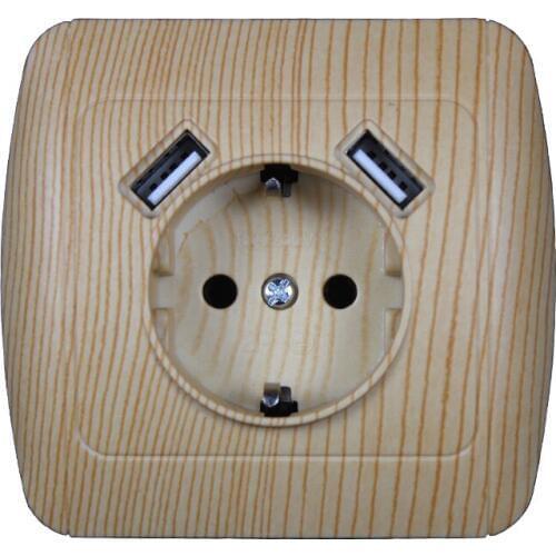 USB Wall Socket Free shipping Double USB Port 5V 2A usb wall outlet high quality usb outlet WOOD color E2-01M