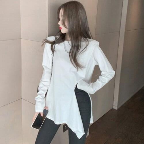 Bottom Shirt 2021 Trend Womens Fashion T-shirtwomen Tshirt Spring Autumn New Loose Round Neck Irregular Split Long Sleeve Vogue