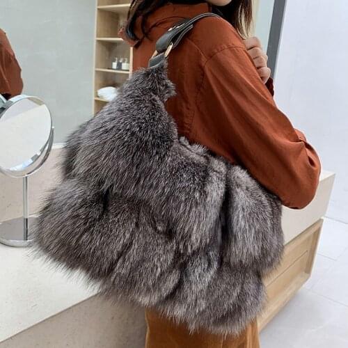 FXFURS 2020 New Real Fox Fur Bags Women Message Single Shoulder Crossbody Bags Silver Fox Fur Large Lady Clutch Bag