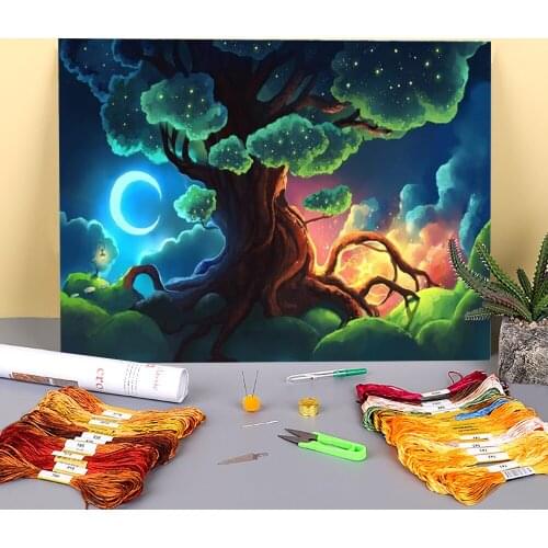 Landscape Fantasy Cartoon Printed Water-Soluble Canvas 11CT Cross-Stitch Embroidery Set DMC Threads Needlework Gift