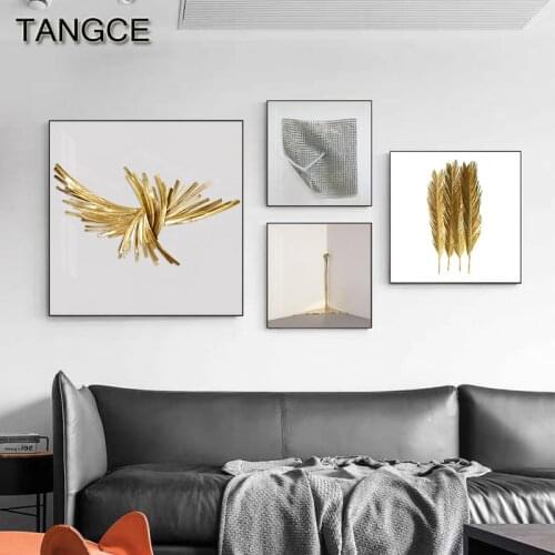 Postmodern Golden Canvas Paintings Abstract Wall Art Picture Feather Poster Print for Living Room Fashion Exhibition Hotel Decor