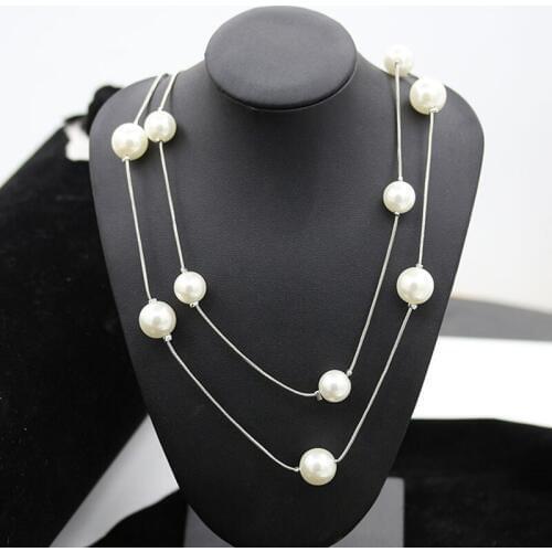 Luxury Double Chains Big Simulated Pearl Graceful Lady Necklace Fashion Necklace for Women Jewelry (around 72cm)