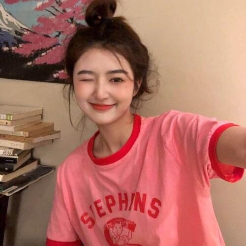 Pink and tender and obedient Korean girl cute vitality cartoon print loose short-sleeved T-shirt female hot girl