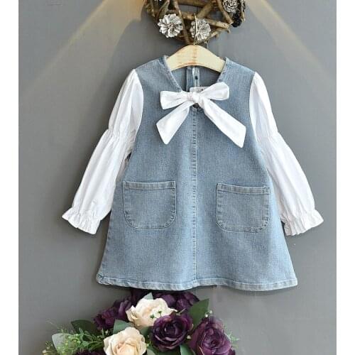 Girl Korean Style Shirt Denim Stitching Loose Dress Toddler Girl Fall Clothes 2021 Flower Dresses Kids Dresses for Kids Clothes