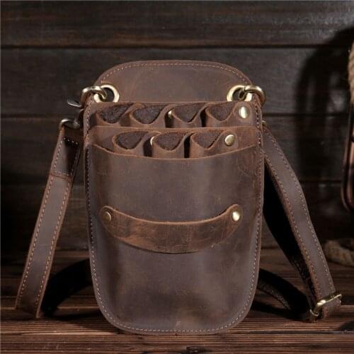 Crazy Horse Leather Barber Hair Scissor Bag for Hairdresser Hairdresser Scissors Bag Kit Salon Barber Shop Tools Shoulder B