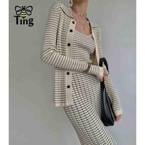 Tingfly Vintage Casual Fashion Knitwear Set Striped Cardigans & Tank Pullovers & Skirts Fashion 3 Pieces Sets Dress Set Outfits