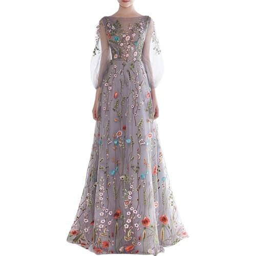 Customize Silver Gray Floral Embroidery Evening Dresses Long Puff Sleeve A-line Empire Dress Formal Party Gown вечернее платье