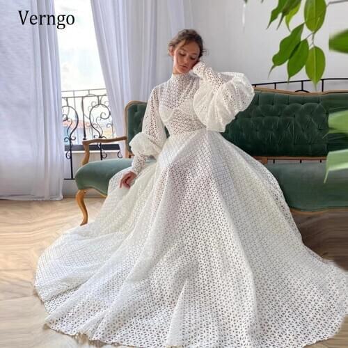 Verngo New Design 2021 Full Lace Wedding Dress A Line High Neck Puff Long Sleeves Princess Bride Dresses 2021 Robe de mariee
