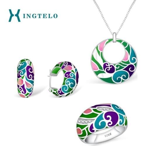 XINGTELO 925 Sterling Silver Jewelry Set Colorful Sweet Wedding Accessories With White CZ Earrings Ring Pendant Chain for Women