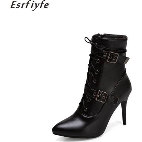 ESRFIYFE Women Ankle Boots Pointed Toe High Heel Boots Women Shoes Female Sexy Stiletto Boots Two Rows of Buckles Leahter Boots