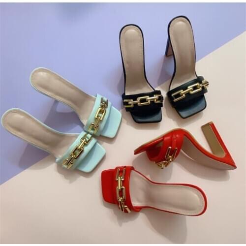 2021 Luxury Design Women Slides Fashion Square Chain High Heel Sandals Ladies Mules Womens Slippers Prom Stripper Shoes