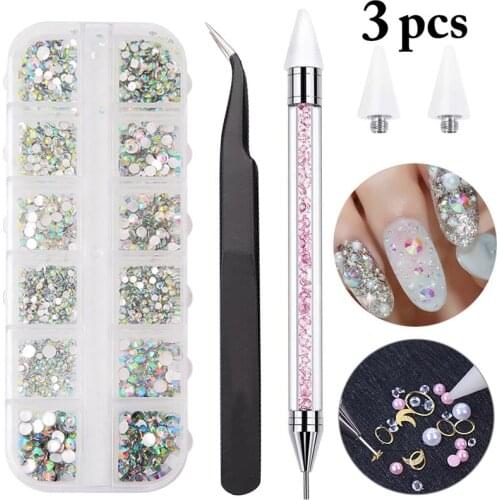 Women Nail Art Rhinestone DIY Nail Stud with Tweezers & Rhinestone Picker Pen Crystal Glitter Rhinestone 3D Nail Art Decoration