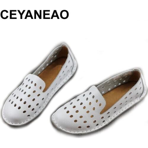 CEYANEAO Womens Shoes Hand-made Genuine Leather Flats Plain Toe Slip on ladies Flat Shoes Casual Female Footwear (1957-3)