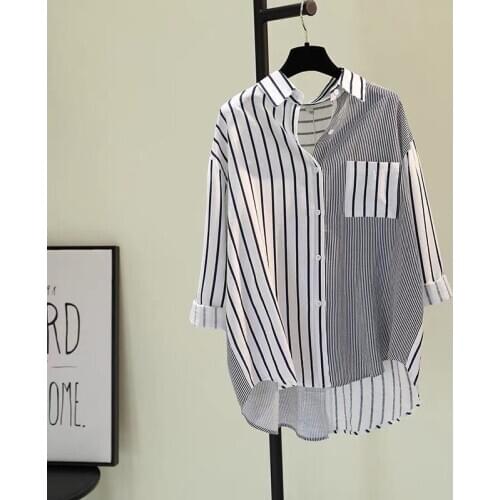 Women Spring Summer Style Line and Cotton Blouses Shirts Lady Casual Turn-down Collar Striped Printed Blusas Tops ZZ0610