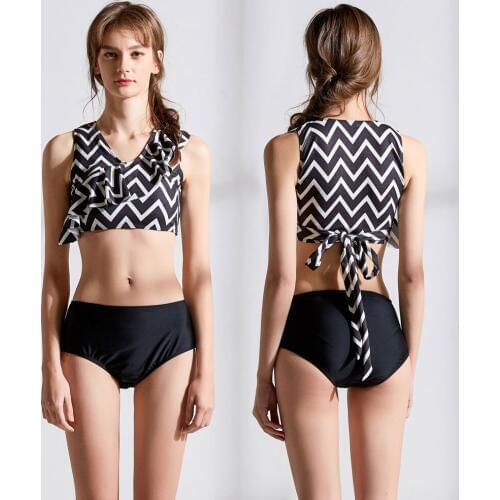 Womens Wave Printed Tie Knot Back High Neck Flounce Crop Bikini Two Piece set Middle Waisted Swimsuit Bathing Suits
