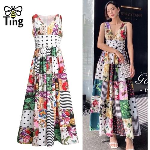 Tingfly Summer Runway Long Vacation Dress Women Vintage Dots Floral print Sleeveless Elegant Party Dinner Dresses Haut Plus Size
