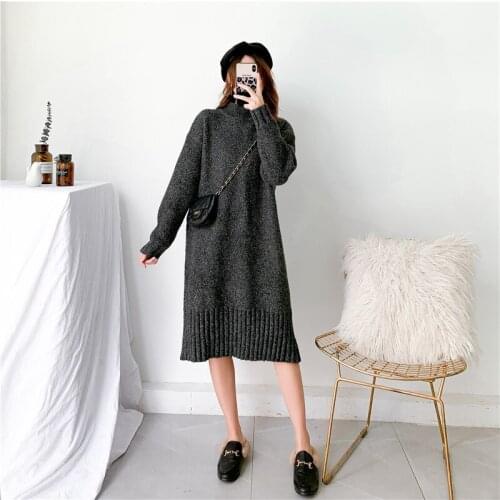[ZAYAU]Autumn Winter Dark Grey Versatile Knitted Skirt Dress Loose Medium Length Sweater Bottomed Shirt Half High Collar