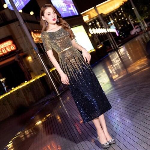 Evening Dress Simple O-Neck Sequins Mermaid Short Sleeve Zipper Back Tea-length Luxurious Plus size Women Formal Party Gown C693