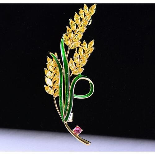 Zlxgirl Yellow Cubic Zircon Wheat ears Shape copper brooches Women Gold Color Classic Wedding Decoration Enamel Corsage Pins