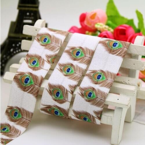 1'' Free shipping Fold Elastic FOE peacock feather printed headband headwear hairband diy decoration wholesale OEM 25mm P5969