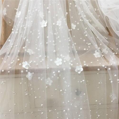 1Yards 3D beaded tulle Lace Fabric for wedding dress French African sequins embroidery laces fabrics off white lace 1 Yard
