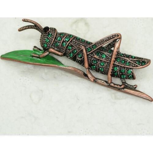 Antique Copper Rhinestone Green Enamel Grasshopper brooch Pin C892 M3
