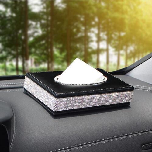 Sparkly Car Towel Paper Box Cover Case for Men and Women Nice Gift Black Leather Car Tissue Box with Crystals Block Type