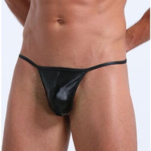 Shinny Faux Leather Men Erotic Thongs Underwear Low Waist G Strings Mini T-back Seamless Underpants Panties