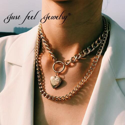 JUST FEEL Multi Layer Baroque Thick Chain Necklace Collares Punk Gold Heart Pendant Choker Necklace Festival Couple Jewelry Gift