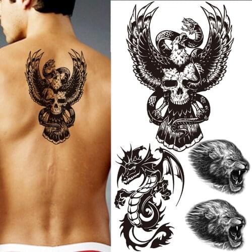 Black Owl Skull Temporary Tattoos For Men Adult Realistic Fake Mamba Snake Dragon Wolf Tattoo Sticker Back Waterproof Tatoos