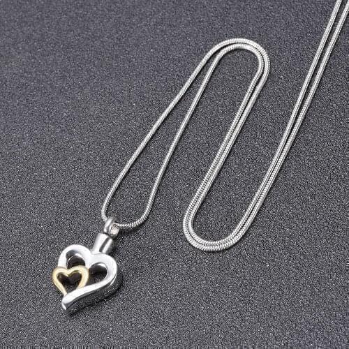 IJD9996 Hugging Hearts Cremation Jewelry Keepsake Pendant Urn Necklace w/ Chain & Funnel-Cremation Urns Heart Pendant For Women