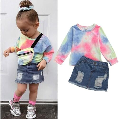Imcute Toddler Kid Baby Girls Clothes Tie dye Print Tops Ripped Button Jeans Denim Short Skirts sets