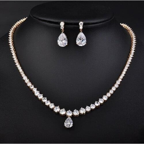 YAN MEI New Fashion Mona Lisa Marquise & Oval Stone Cubic Zirconia Necklace and Earrings Wedding Jewelry Set GLN0258